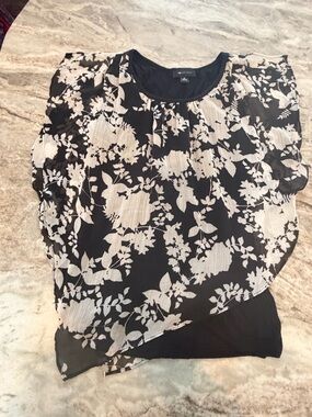 AB Studio Floral Chiffon Layered Blouse Medium Black White Business Casual Top